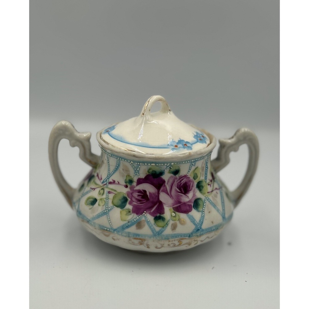 Vintage Porcelain Hand painted Floral Pink Blue Sugar Jar Double Handles Lid